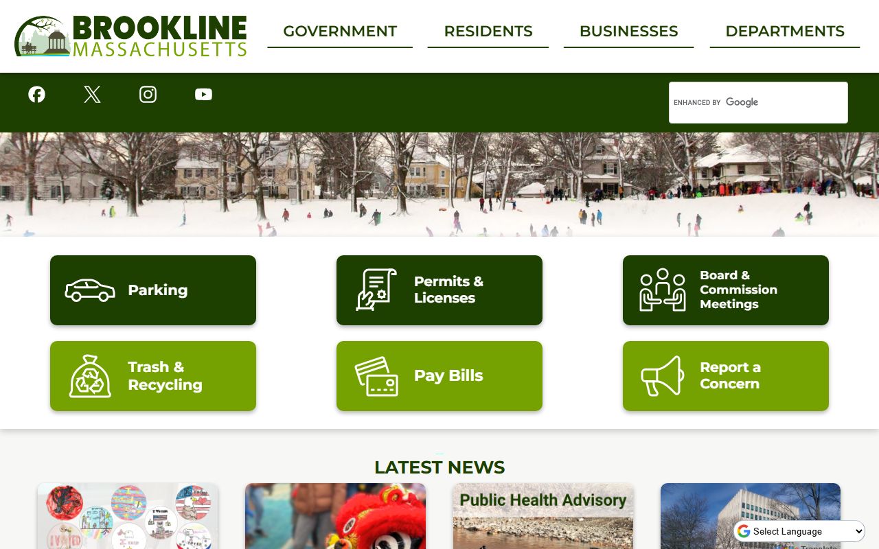 Town of Brookline homepage for local bench warrant resources and government contacts