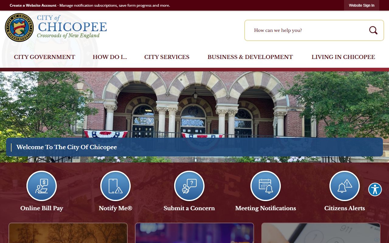 Chicopee city homepage with police contacts for bench warrant inquiries
