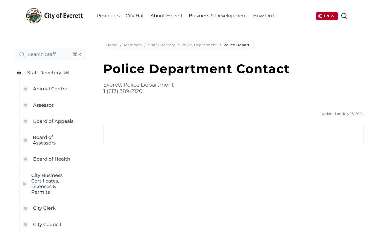 Everett Police Department main page with contacts for warrant services