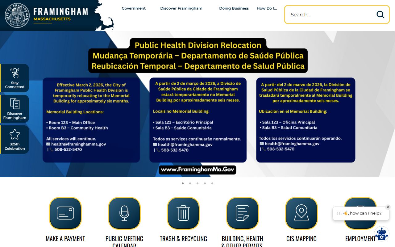 Framingham city homepage with links to police and public services
