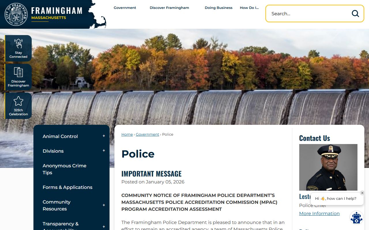 Framingham Police Department page for bench warrant checks and public safety