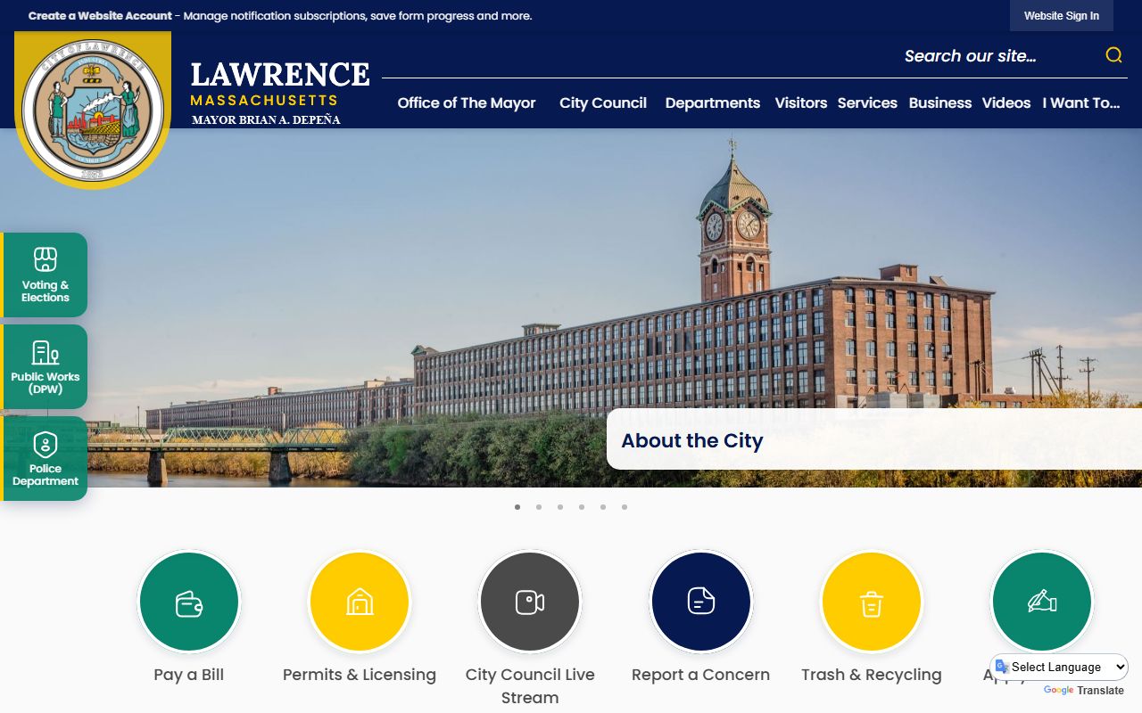 Lawrence city homepage with links to police and bench warrant information