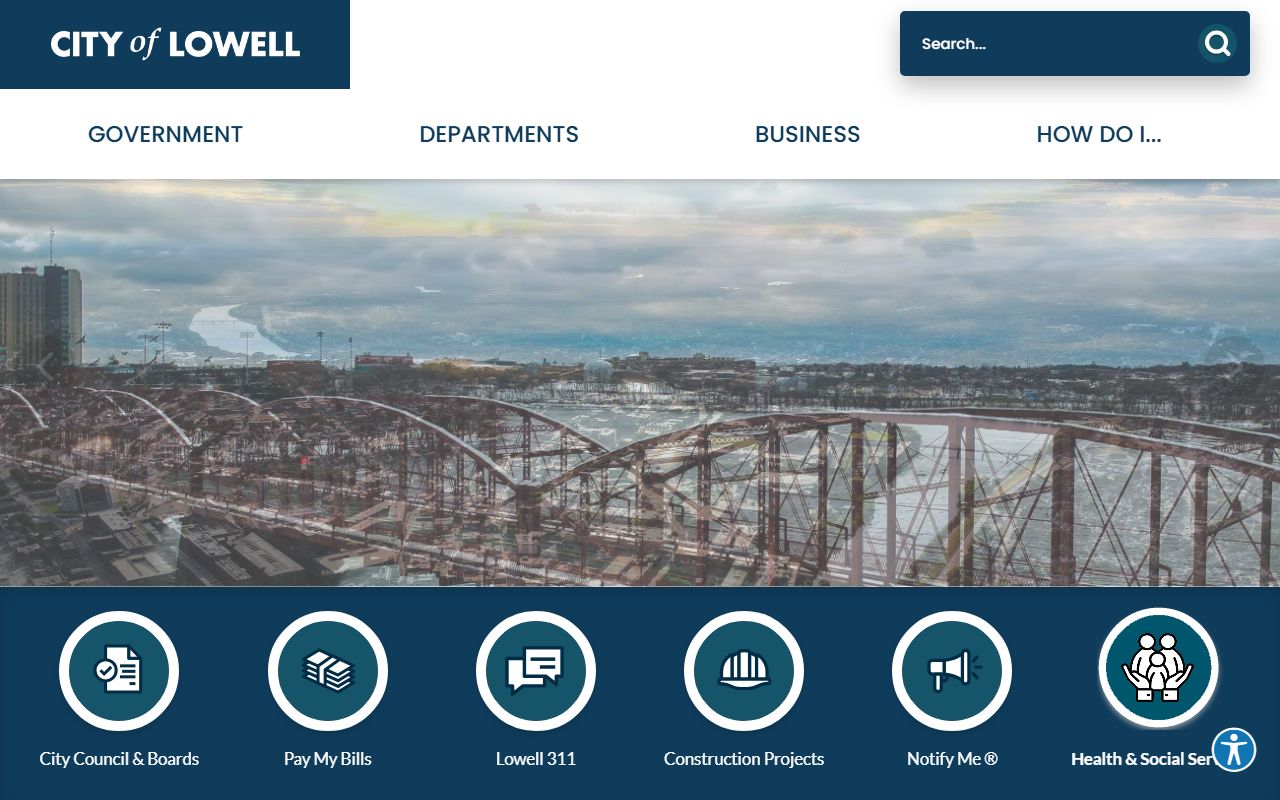 Lowell city homepage with links to departments and bench warrant resources