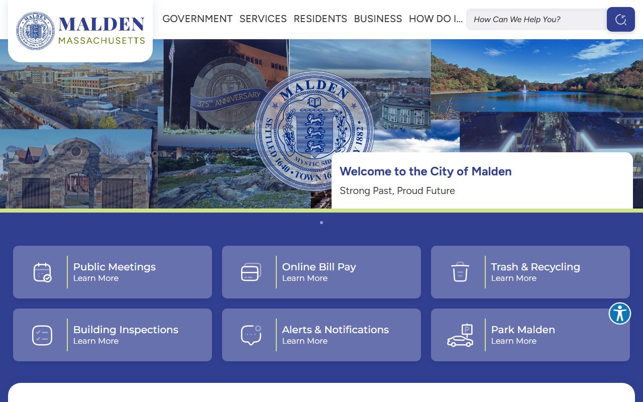 City of Malden homepage for bench warrant and police contact information