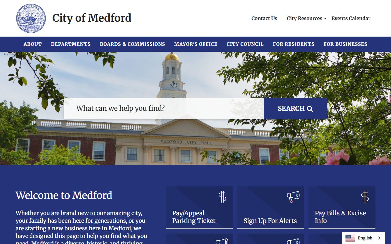 Medford city homepage with police department contacts for bench warrant inquiries