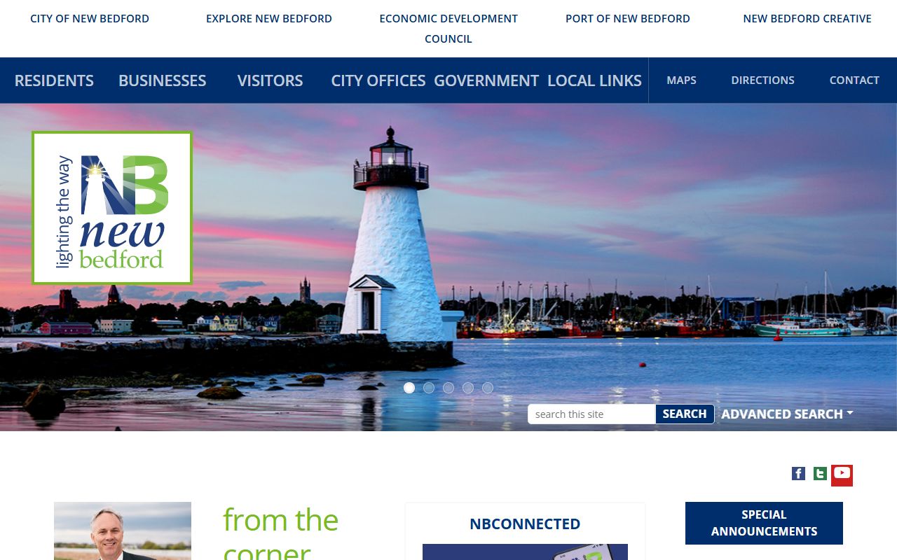 New Bedford city homepage with links to police and bench warrant resources
