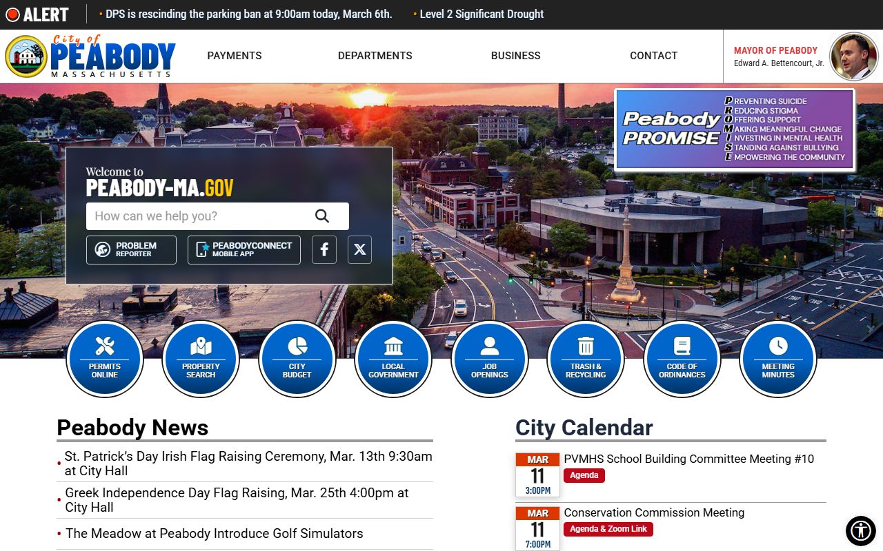 Peabody city homepage with police department contacts for bench warrant checks