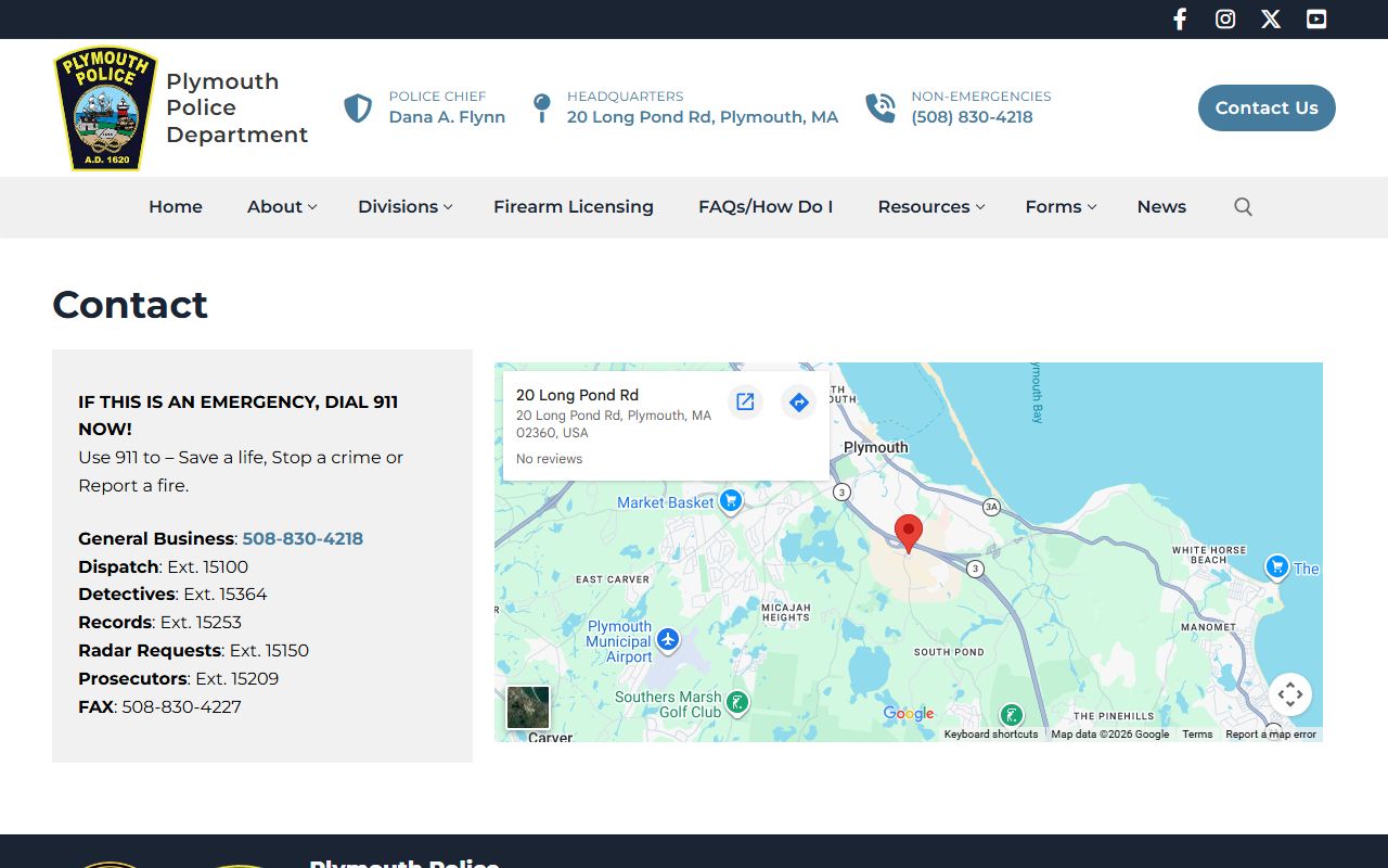 Plymouth Police contact page for bench warrant record requests