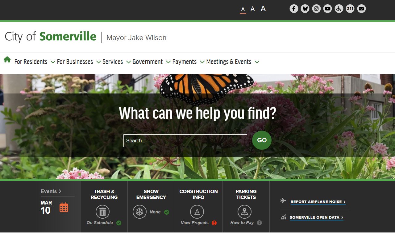 Somerville city homepage with links to police and public services