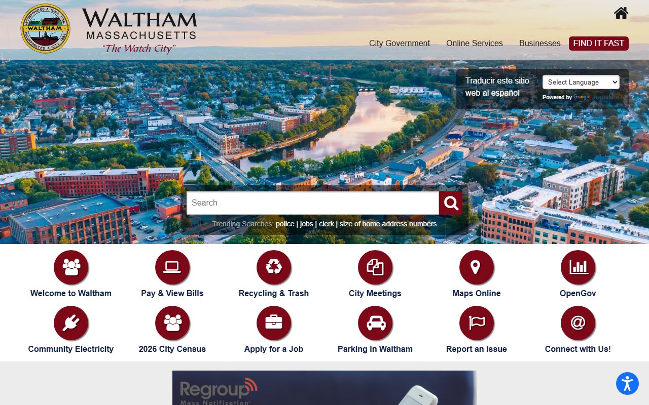 City of Waltham homepage for bench warrant and police contact information