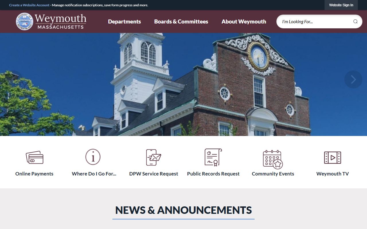 Weymouth town homepage with police department contacts for bench warrant checks