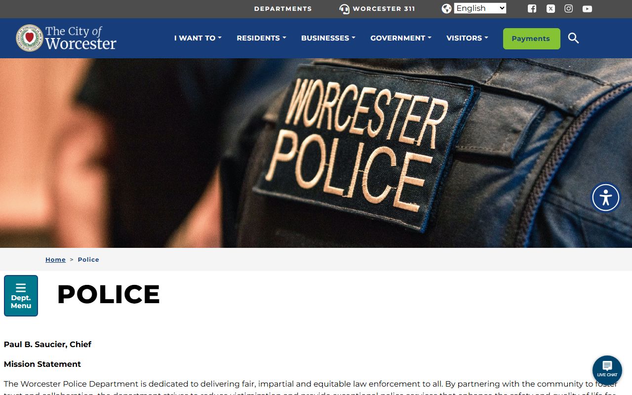 Worcester Police Department homepage for bench warrant checks in Worcester Massachusetts