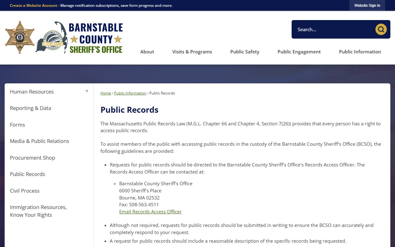 Barnstable County Sheriff public records page for bench warrant requests