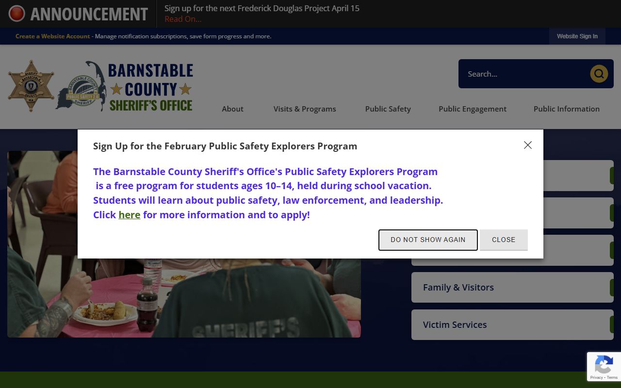 Barnstable County Sheriff homepage for bench warrant services on Cape Cod