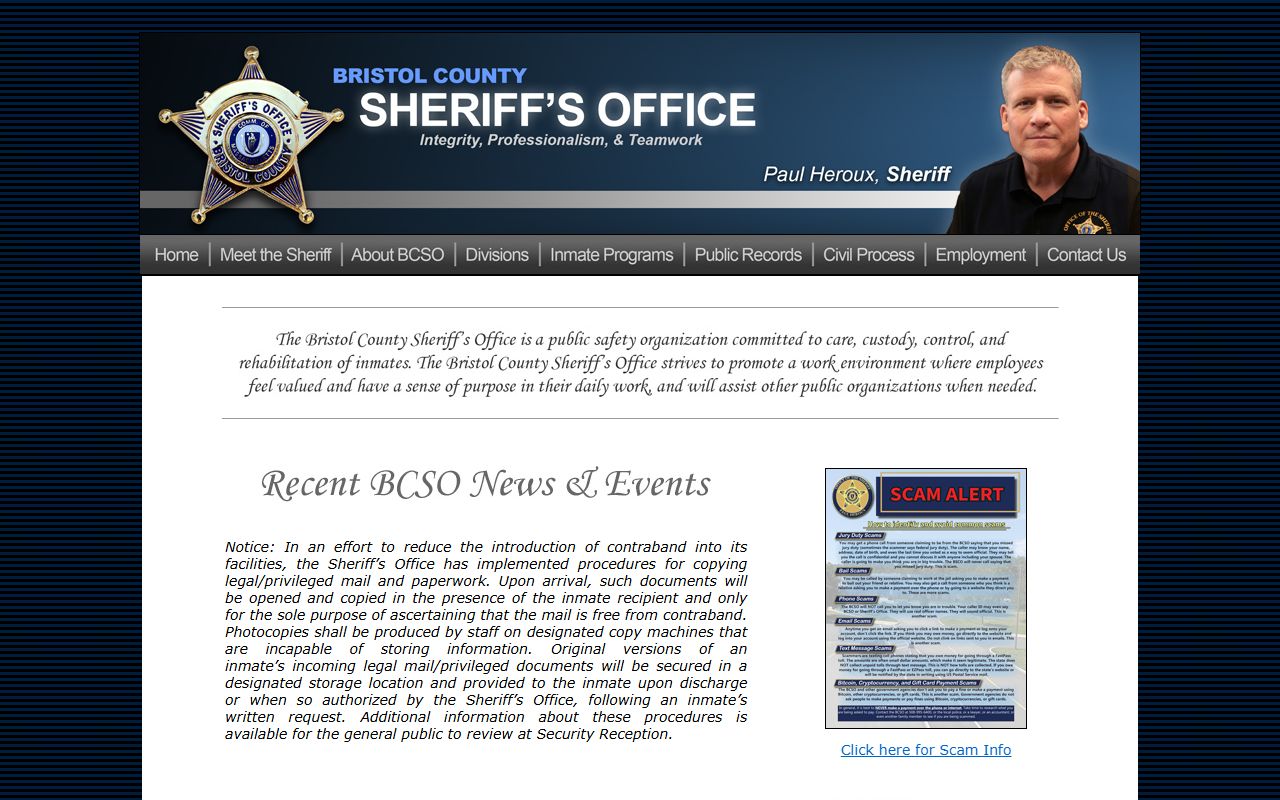 Bristol County Sheriff homepage for bench warrant information in Massachusetts