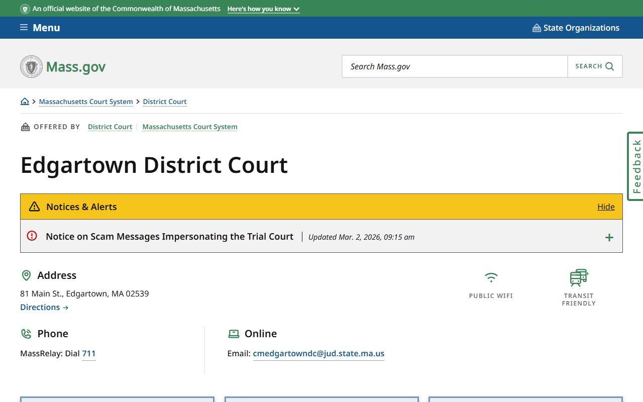 Edgartown District Court page for Dukes County bench warrant cases