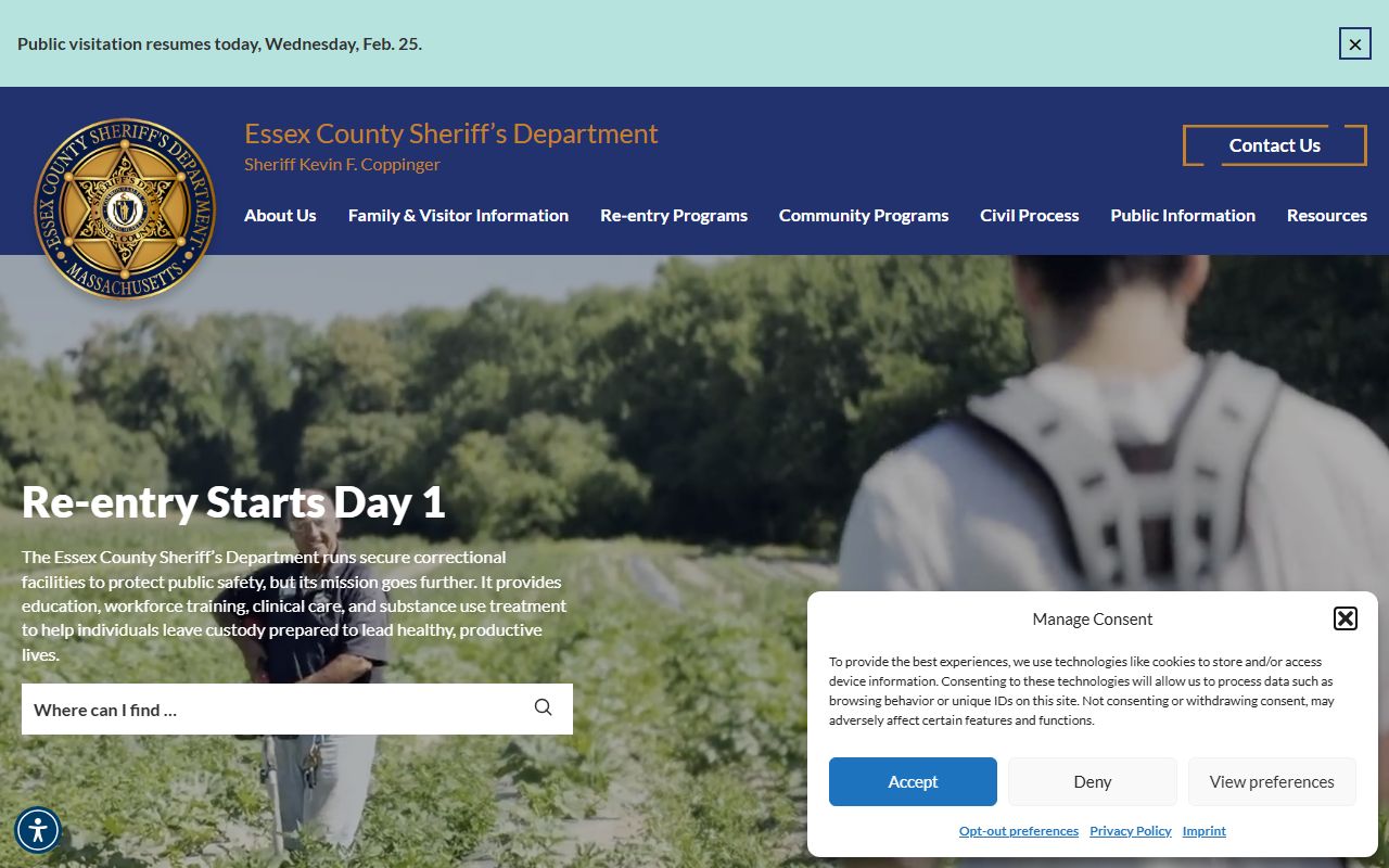 Essex County Sheriff homepage for bench warrant and public records information