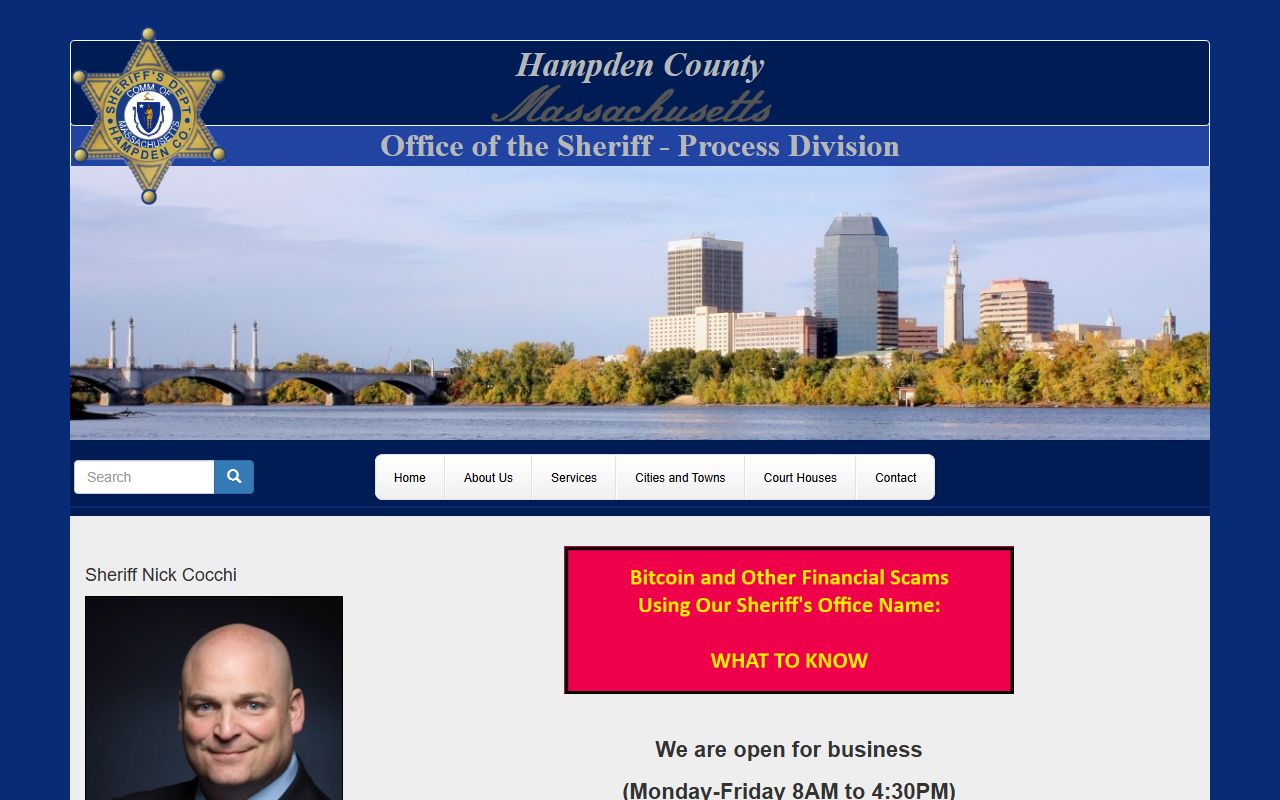 Hampden County Sheriff homepage for bench warrant information in Massachusetts