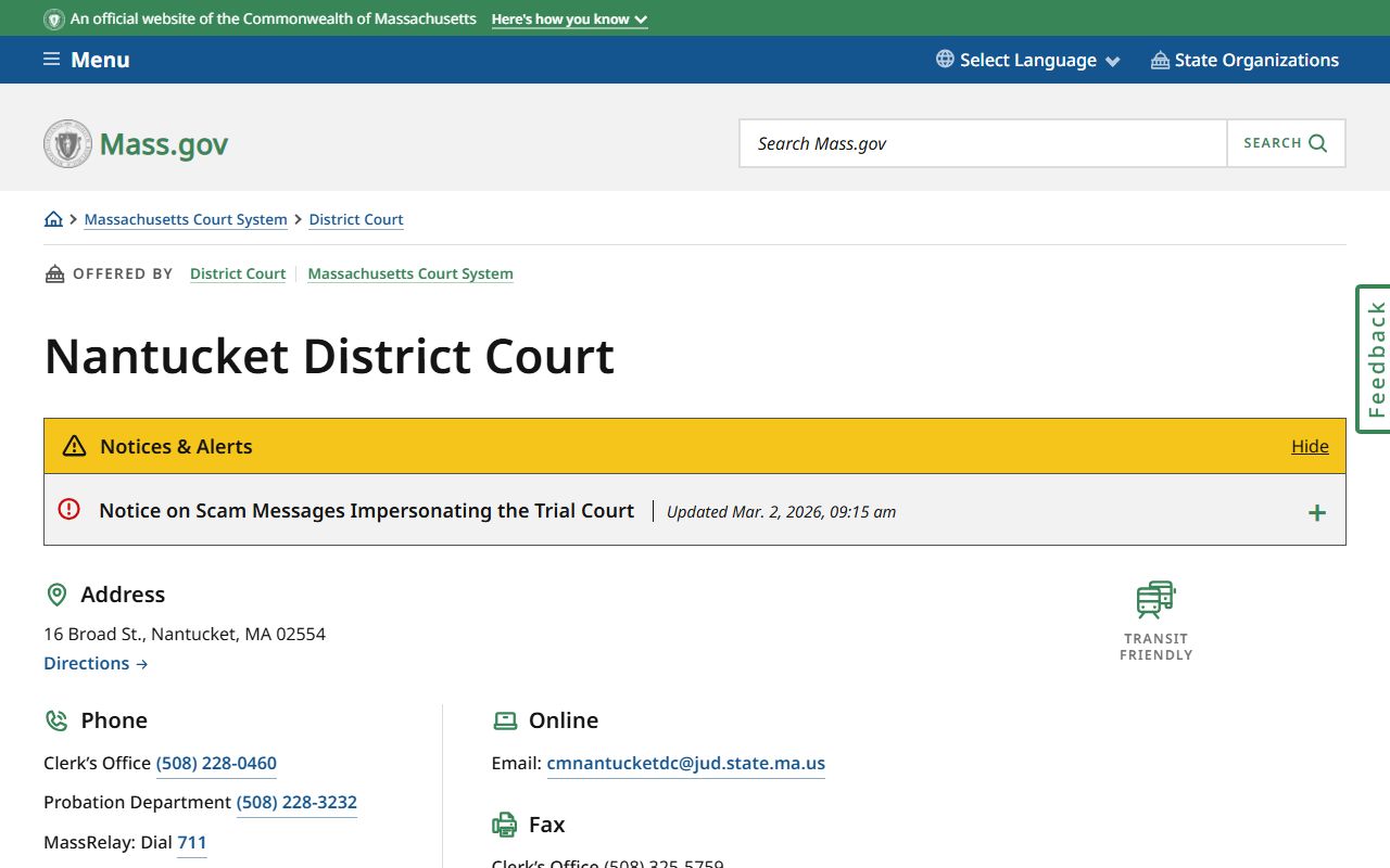 Nantucket District Court page for Nantucket County bench warrant cases