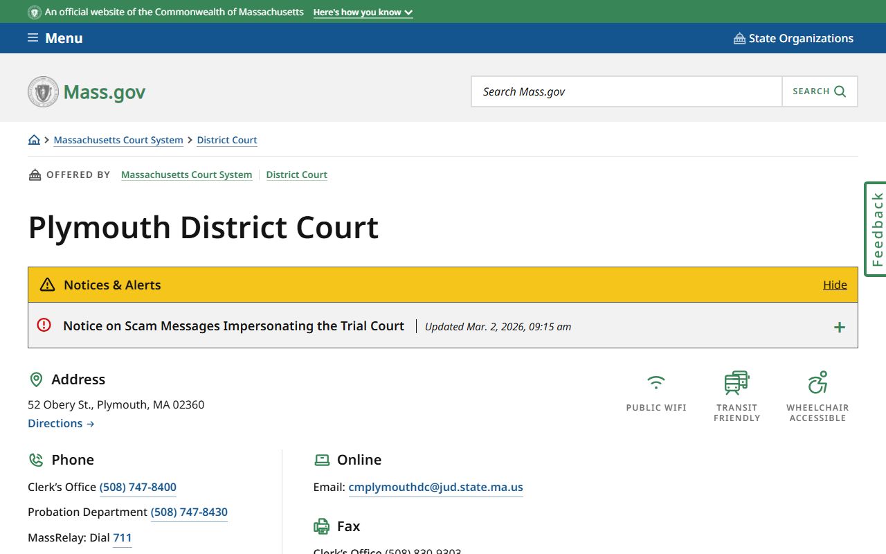 Plymouth District Court page for bench warrant lookups in Plymouth County