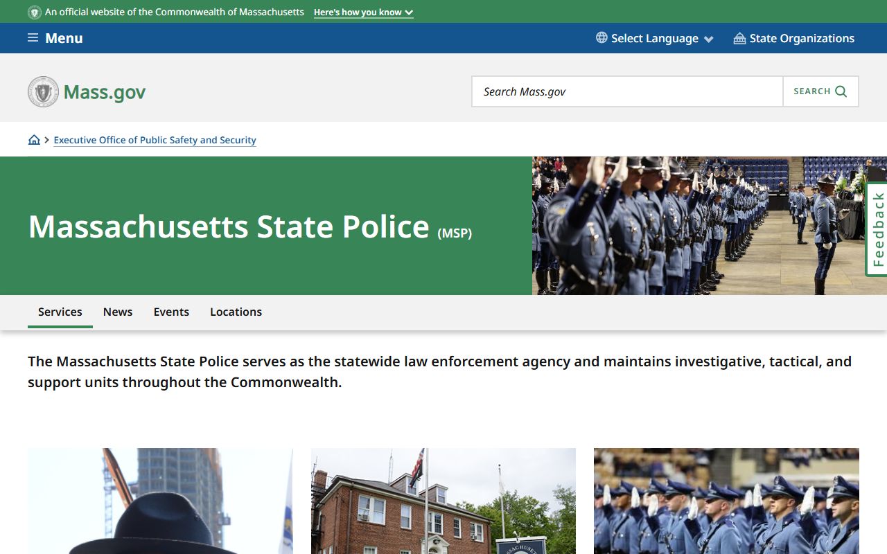 Massachusetts State Police homepage for bench warrant verification services